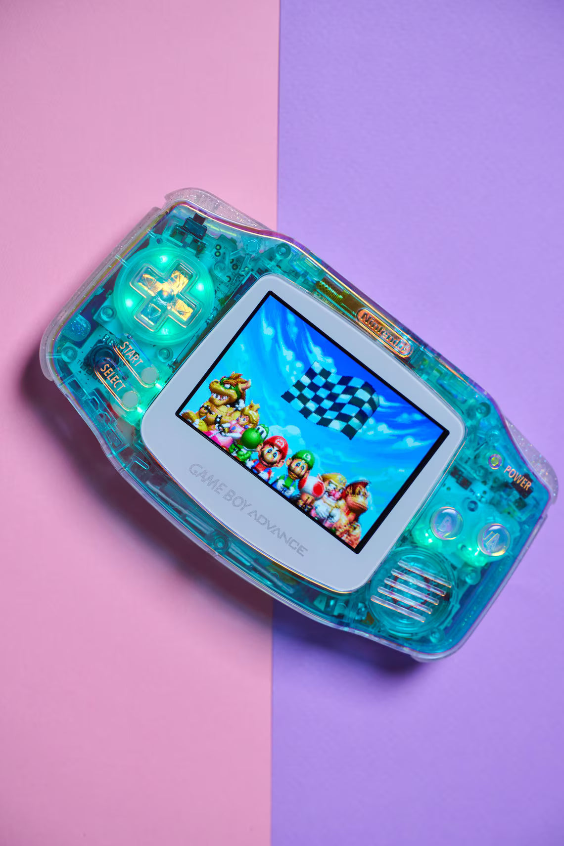 Aurora Iridescent Game Boy Advance – Transparent Shell, IPS Screen, USB-C, RGB LEDs, HDMI – Modded Vintage Nintendo Console