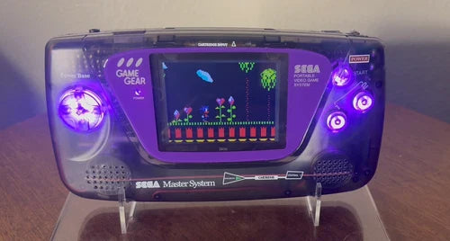Custom Sega Game Gear – Master System Shell, R6 IPS Screen, USB-C Rechargeable, Purple Buttons, Sonic Included