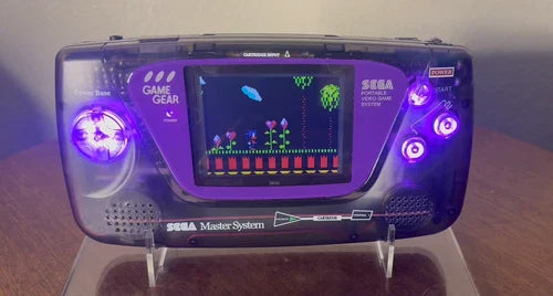 Custom Sega Game Gear – Master System Shell, R6 IPS Screen, USB-C Rechargeable, Purple Buttons, Sonic Included